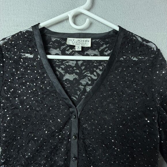 St John Evening Marie Gray Black Lace Beaded Sheer Top Blouse Sz 4 Made in USA - Picture 2 of 11